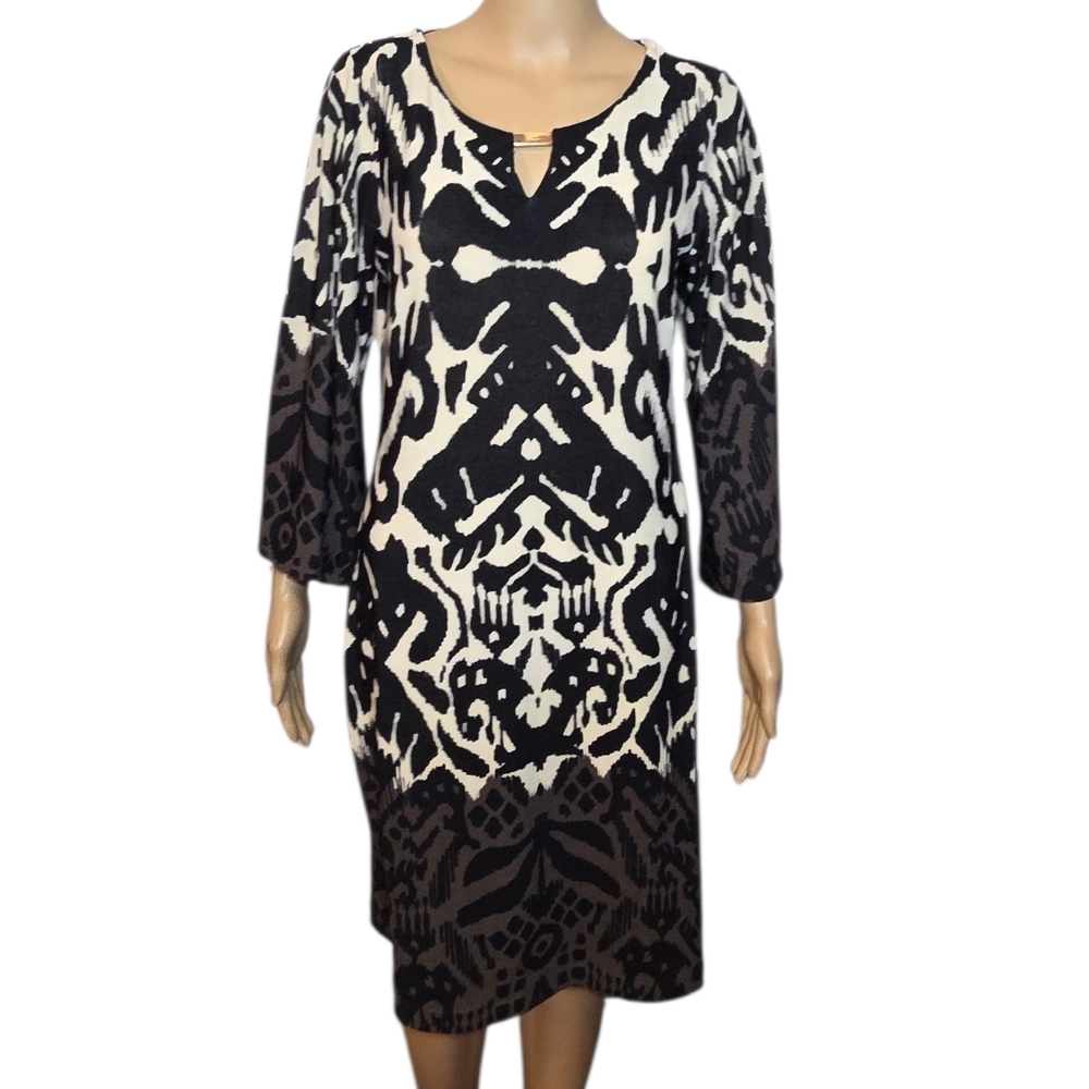 Dress Barn Dress Scoop Keyhole Neckline Pattern Black Ivory Brown Womens Size 6